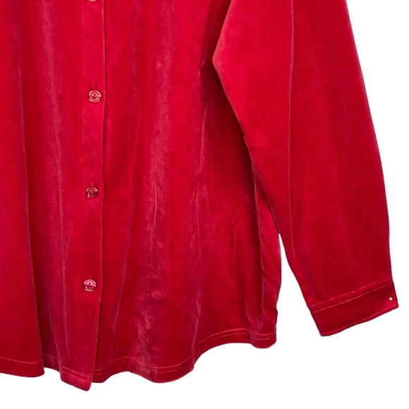 D &‎ Co. Button Front Big Shirt Women Size 1X Red Velour Shirttail Hem - Picture 6 of 14